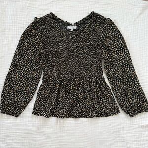 Hayden black ditzy floral smocked ruffle long sleeve top size Large
